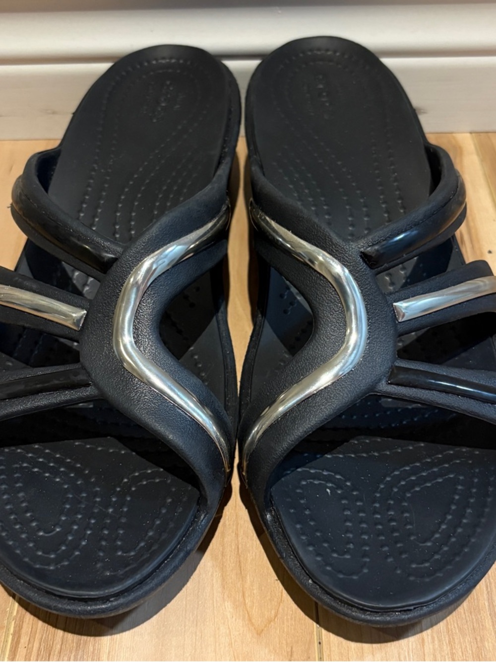 CROCS Black Slip-On Sandals with Silver Accents